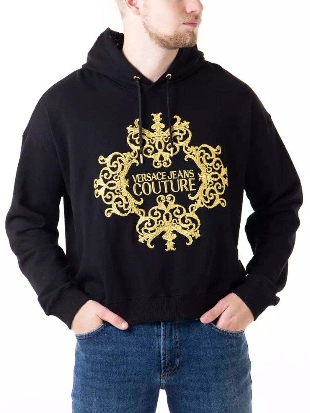 Versace Jeans Couture Black Cotton Embroidered Baroque Logo Hoodie